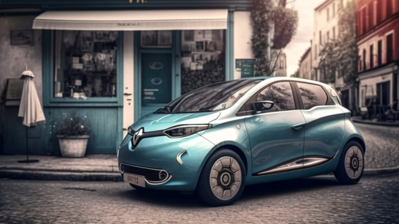 Blue electric car in the street