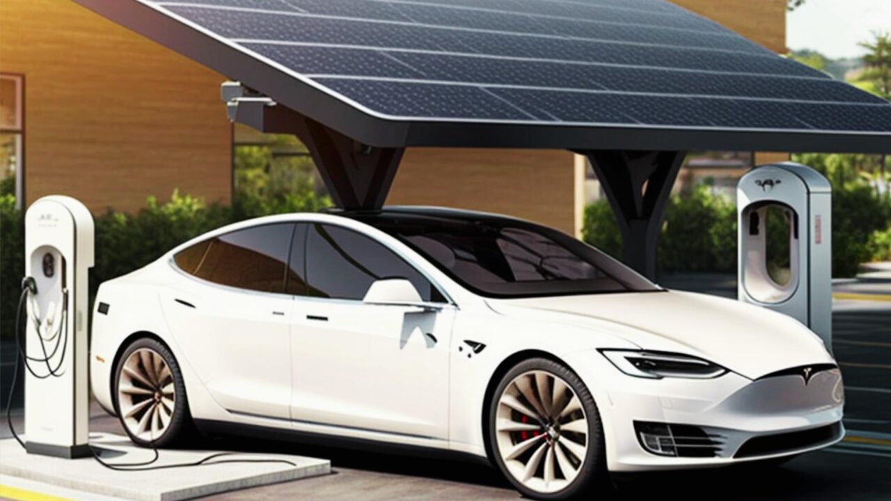 White EV charging under a solar panel