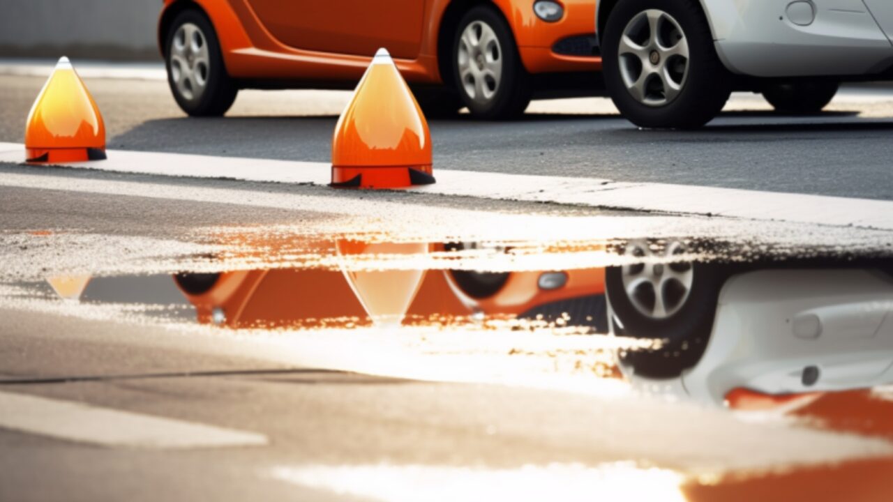 EV at side of road with warning cones