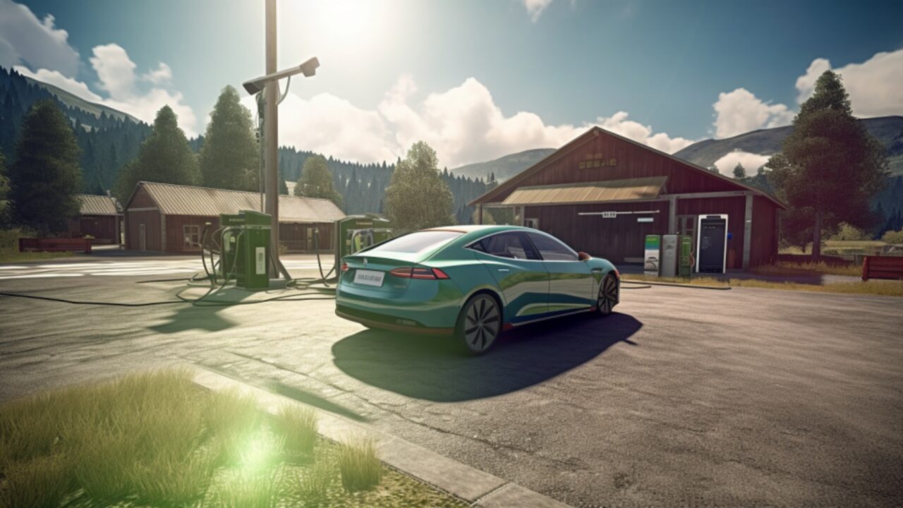 An EV at a charging space in a remote car park  