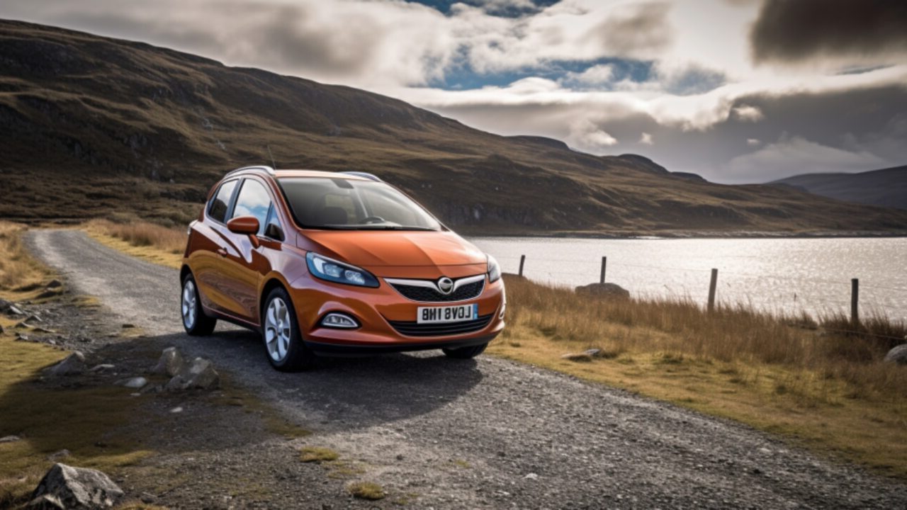 Corsa EV driving by a Loch