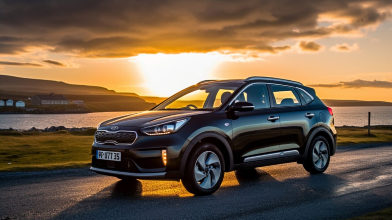 EV parked by a Loch in the sunset