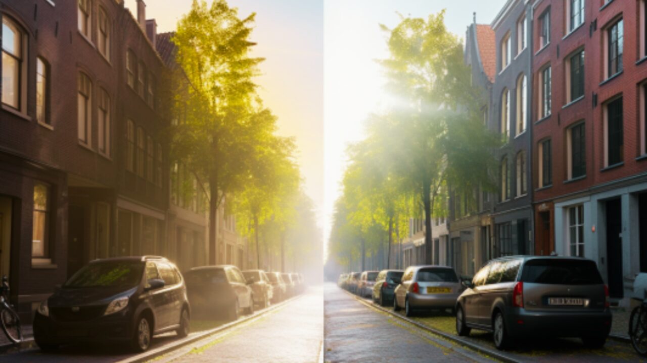 Street before and after air pollution