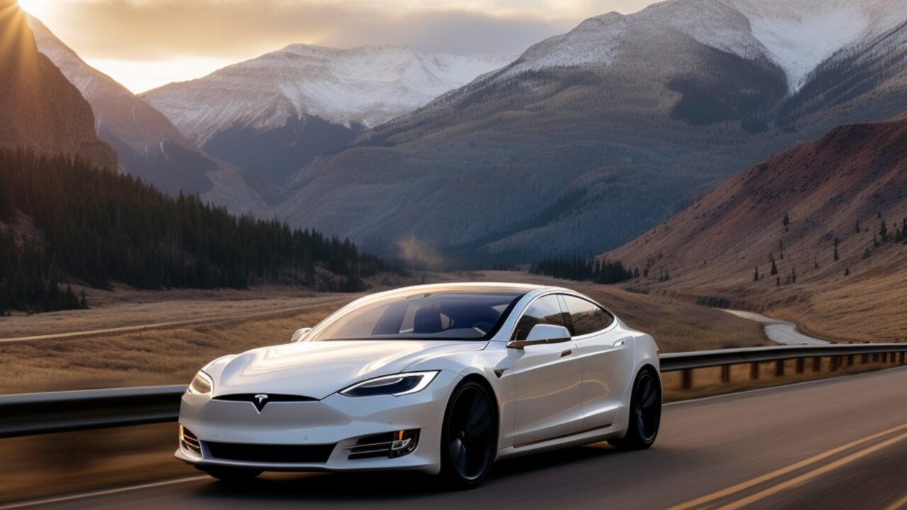 Tesla with mountain backdrop