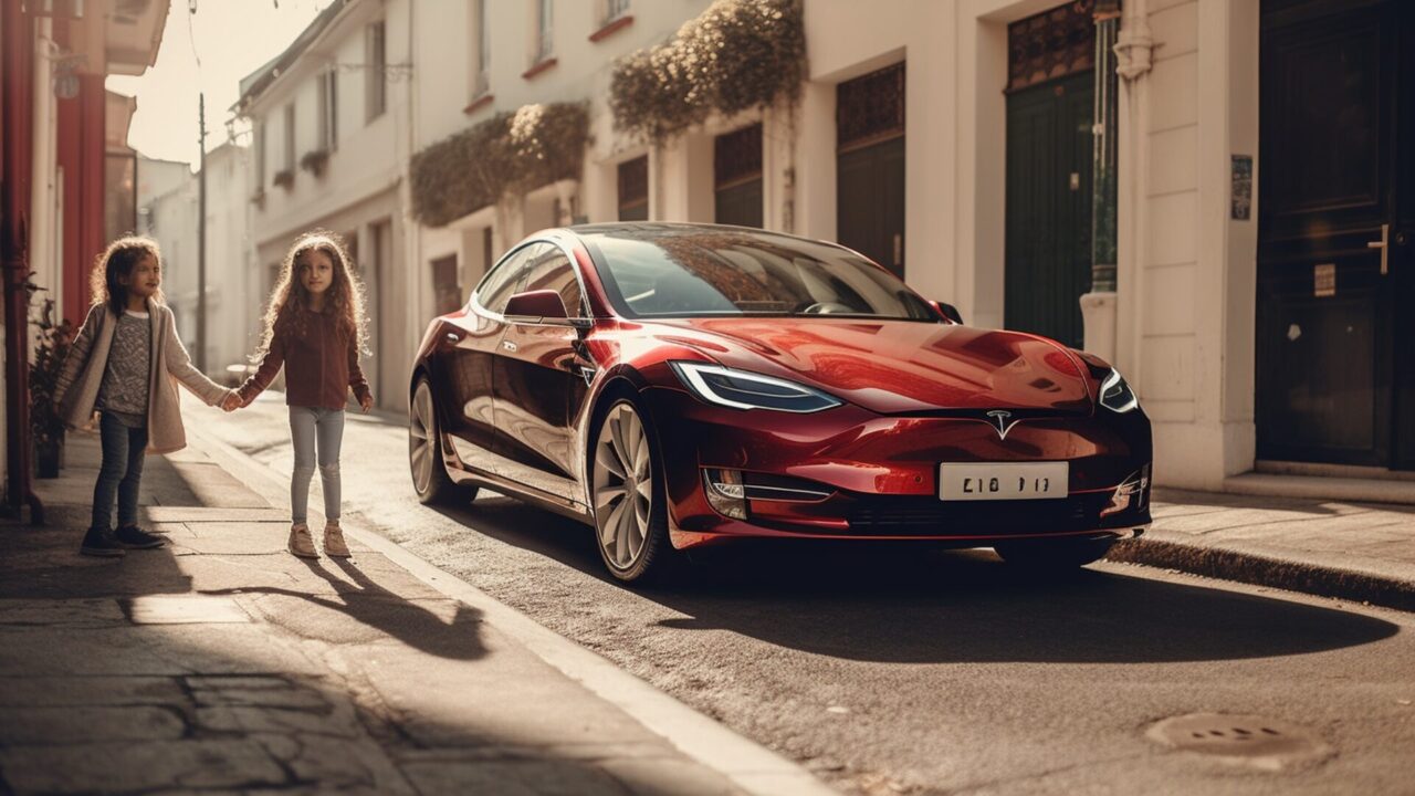 Red EV with children on the street