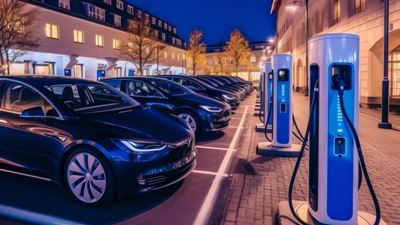 Row of EVs charging at the roadside