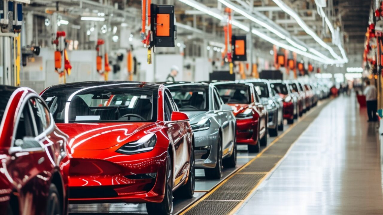 Row of EVs in factory