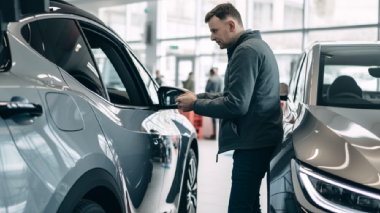 man looking at car in car showroom