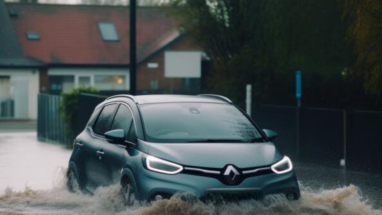 Blue car driving in flood water