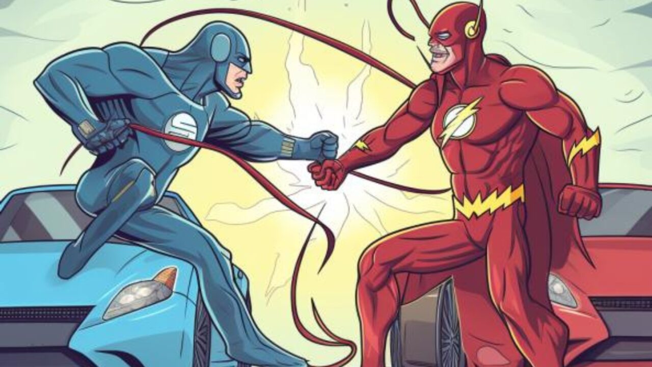 Superheroes fighting over a charging point