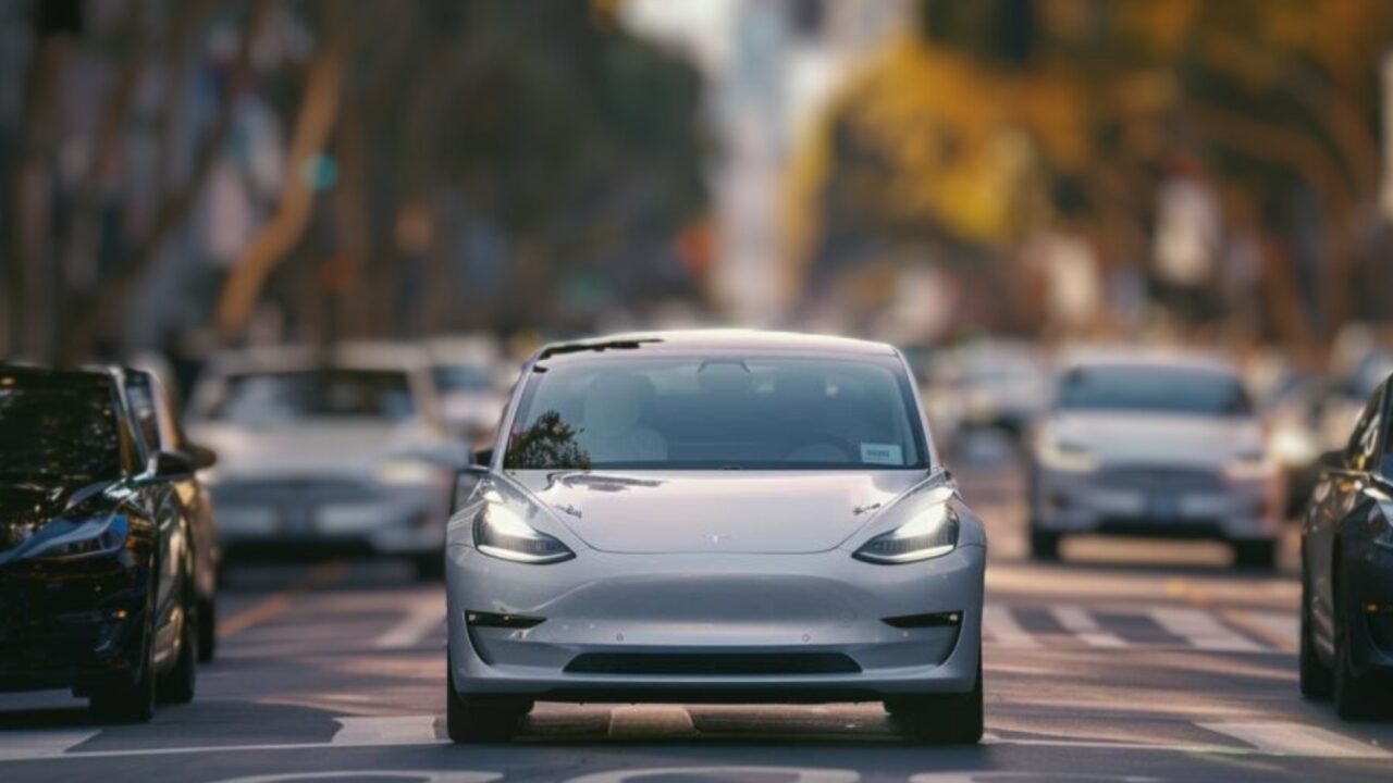 White EV on street