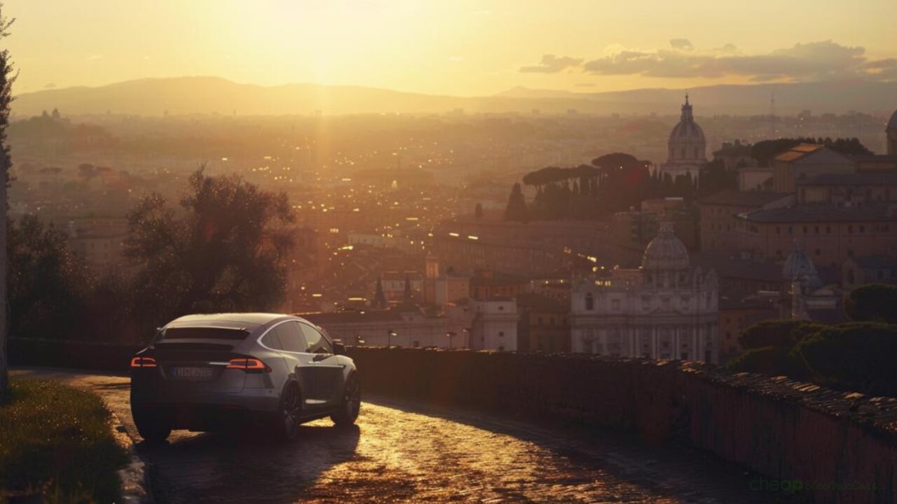 EV charging Driving in Europe sunset