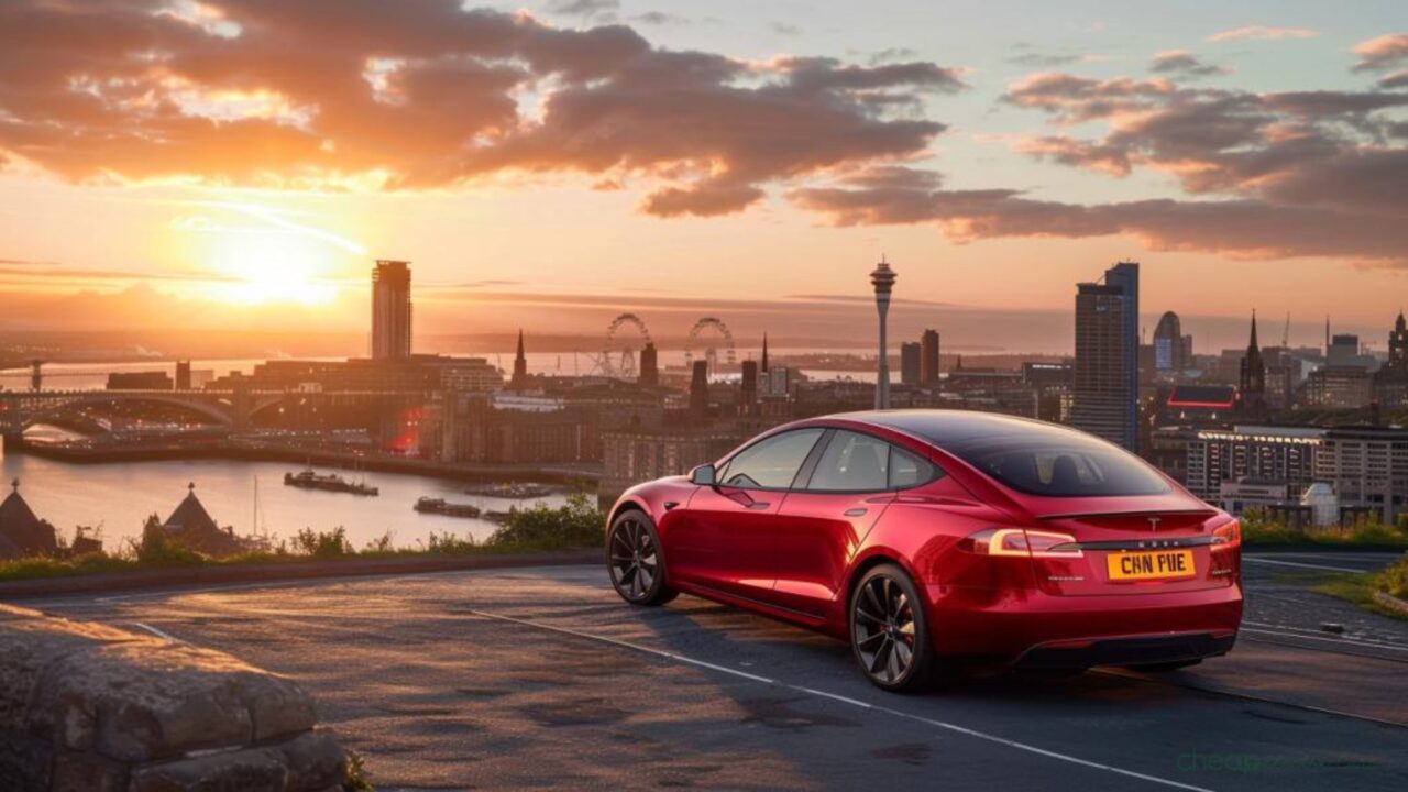 an EV on a road trip overlooking the city