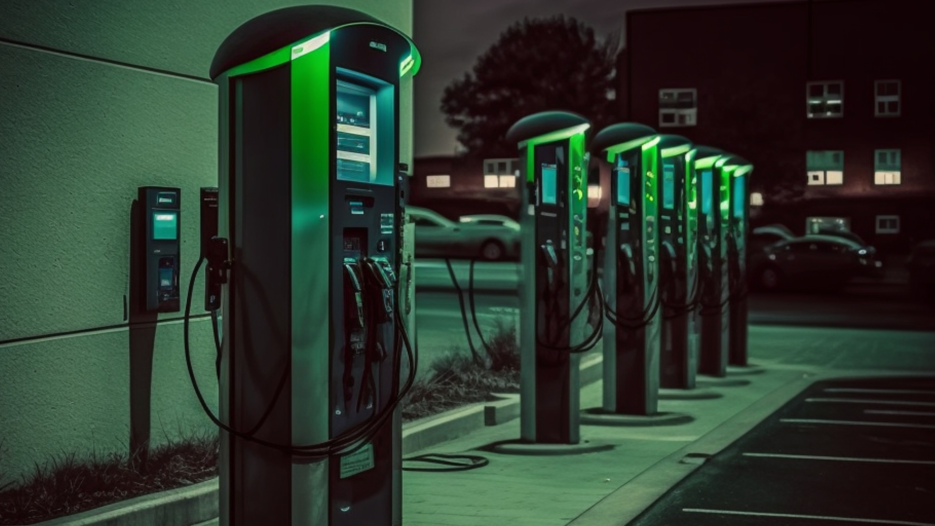 A row of Electric Car charging points lit up at night