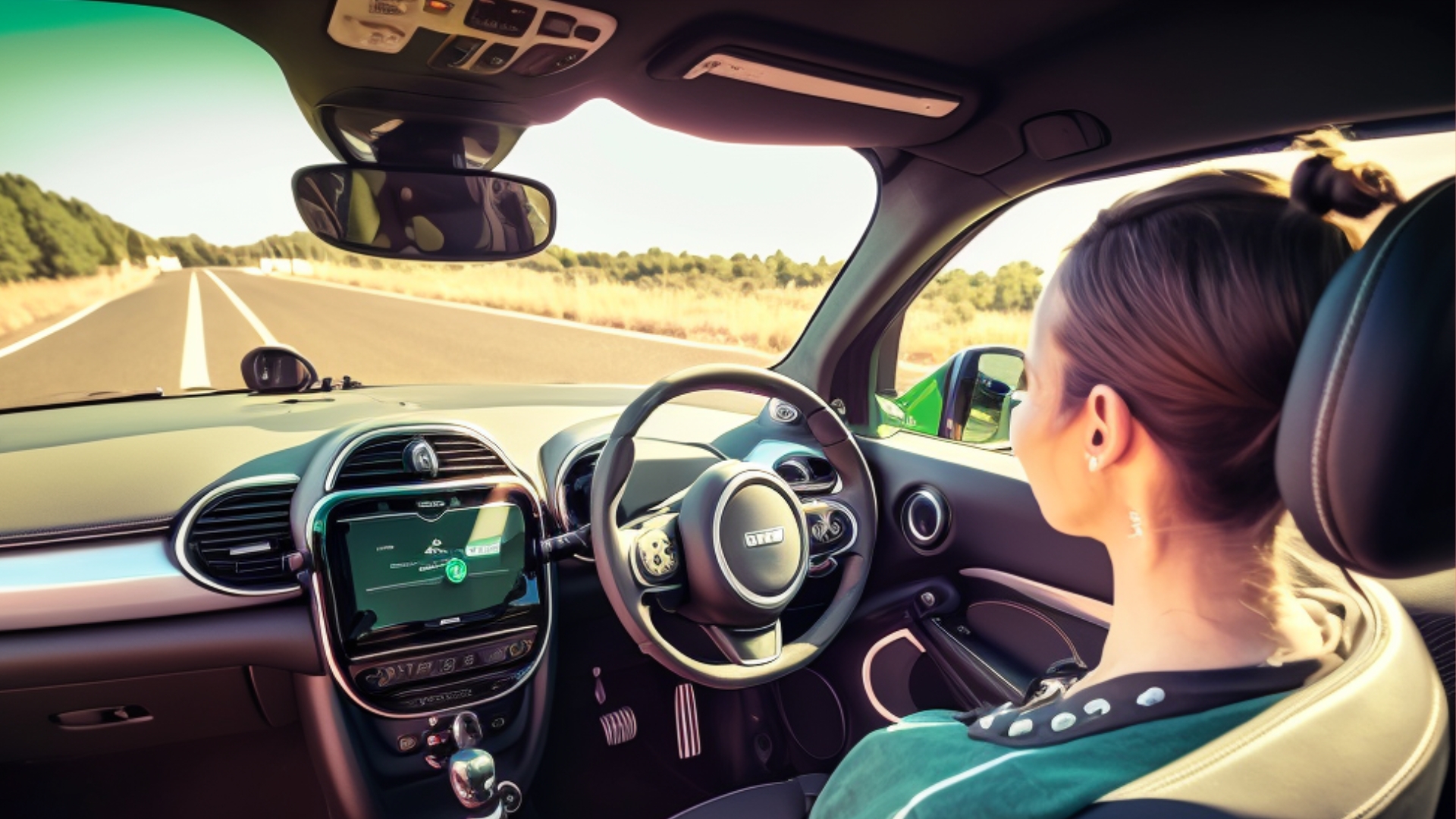 Inside the cockpit of an electric car to represent driving an electric car efficiently