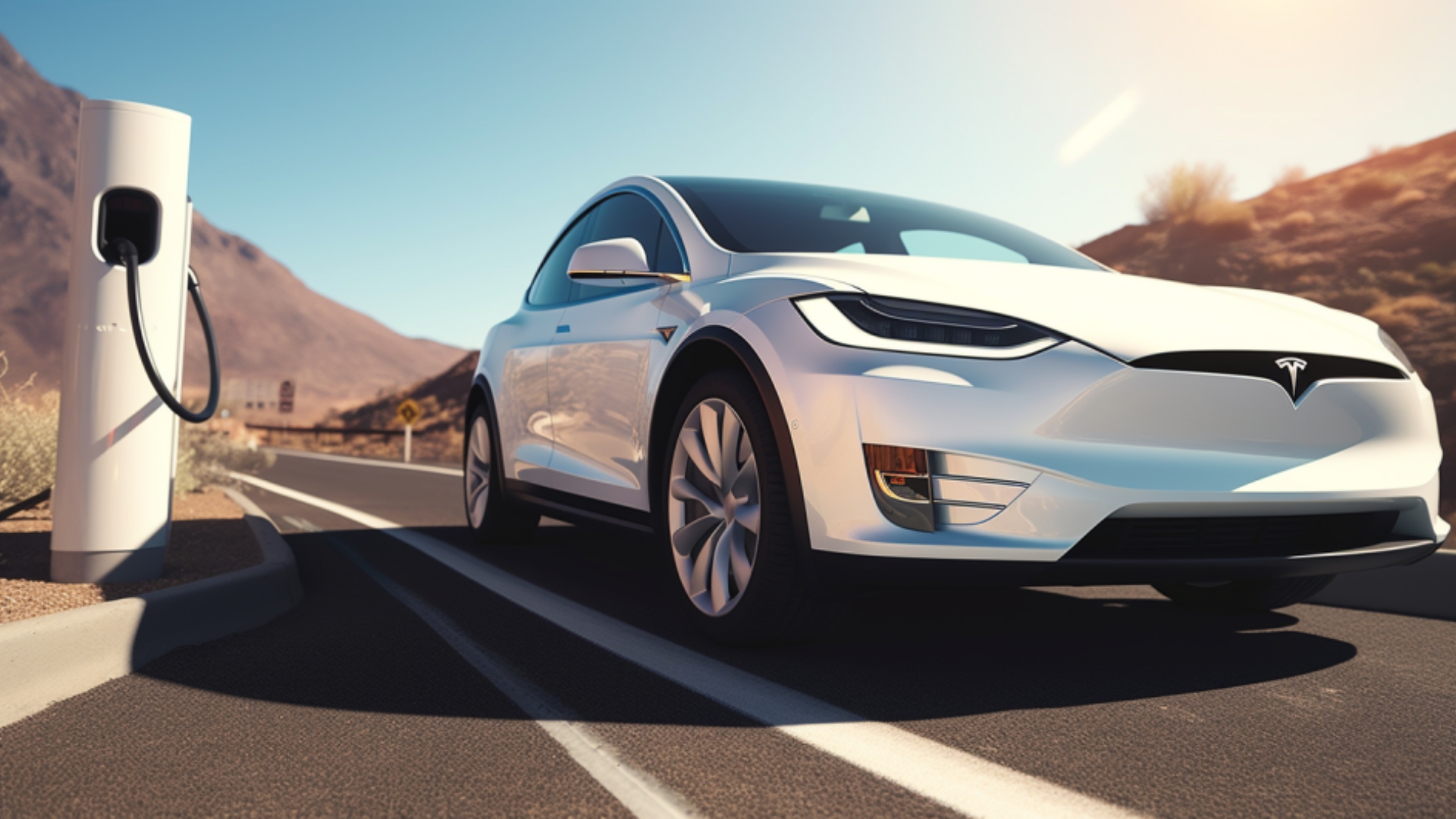 White EV on a scenic road by a charging point