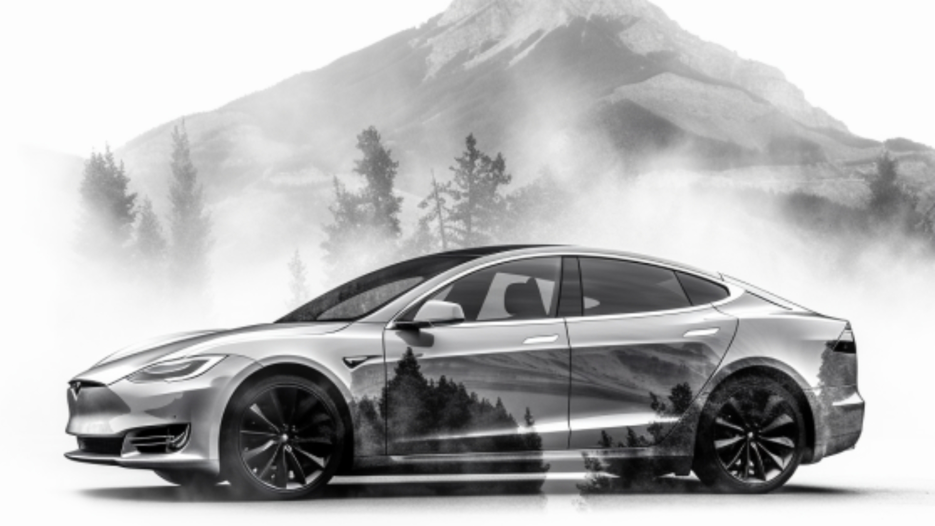 Double Exposure image of EV by a mountain