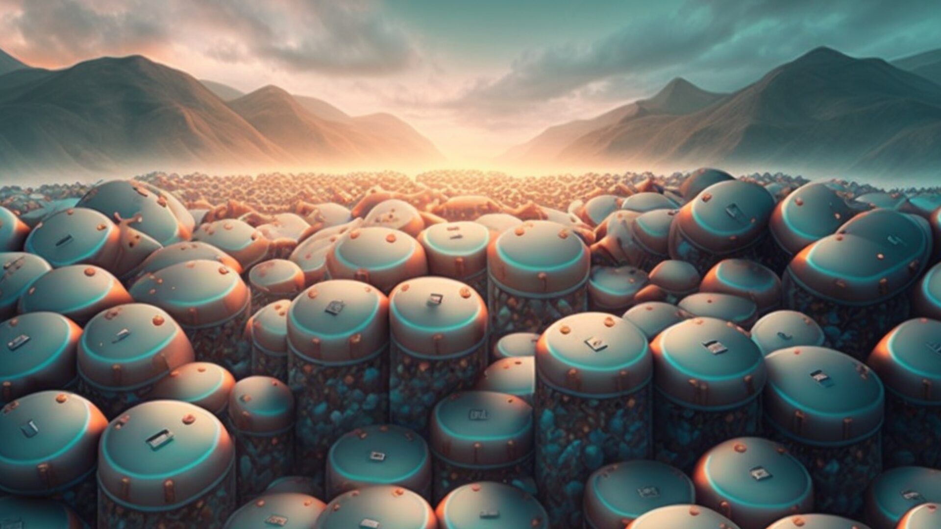 Artist Impression of batteries making up a landscape with distant mountains at sunset