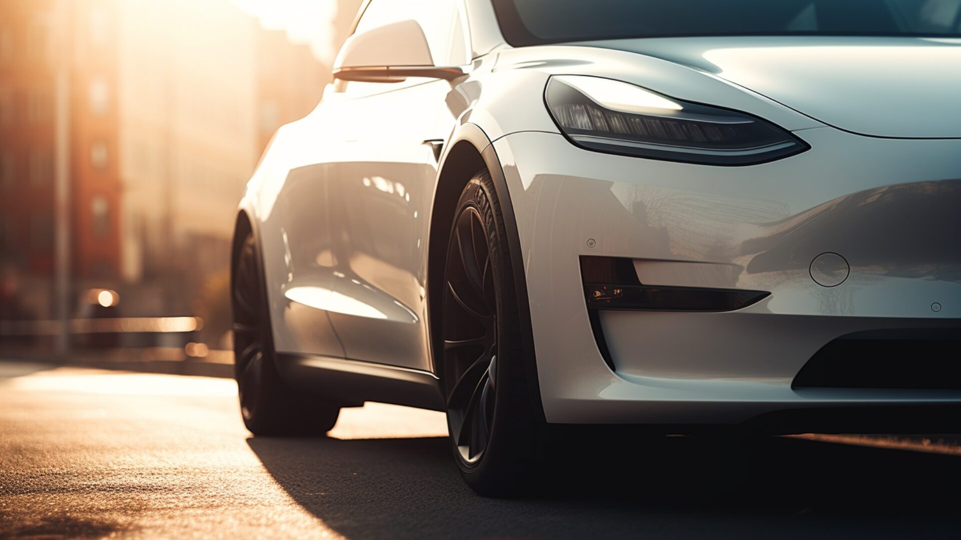 White EV in city street at sunset