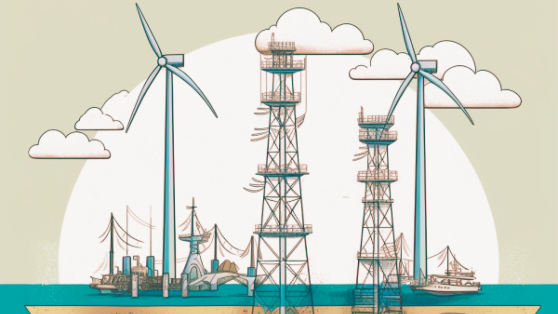 Illustration of Oil platforms and wind turbines